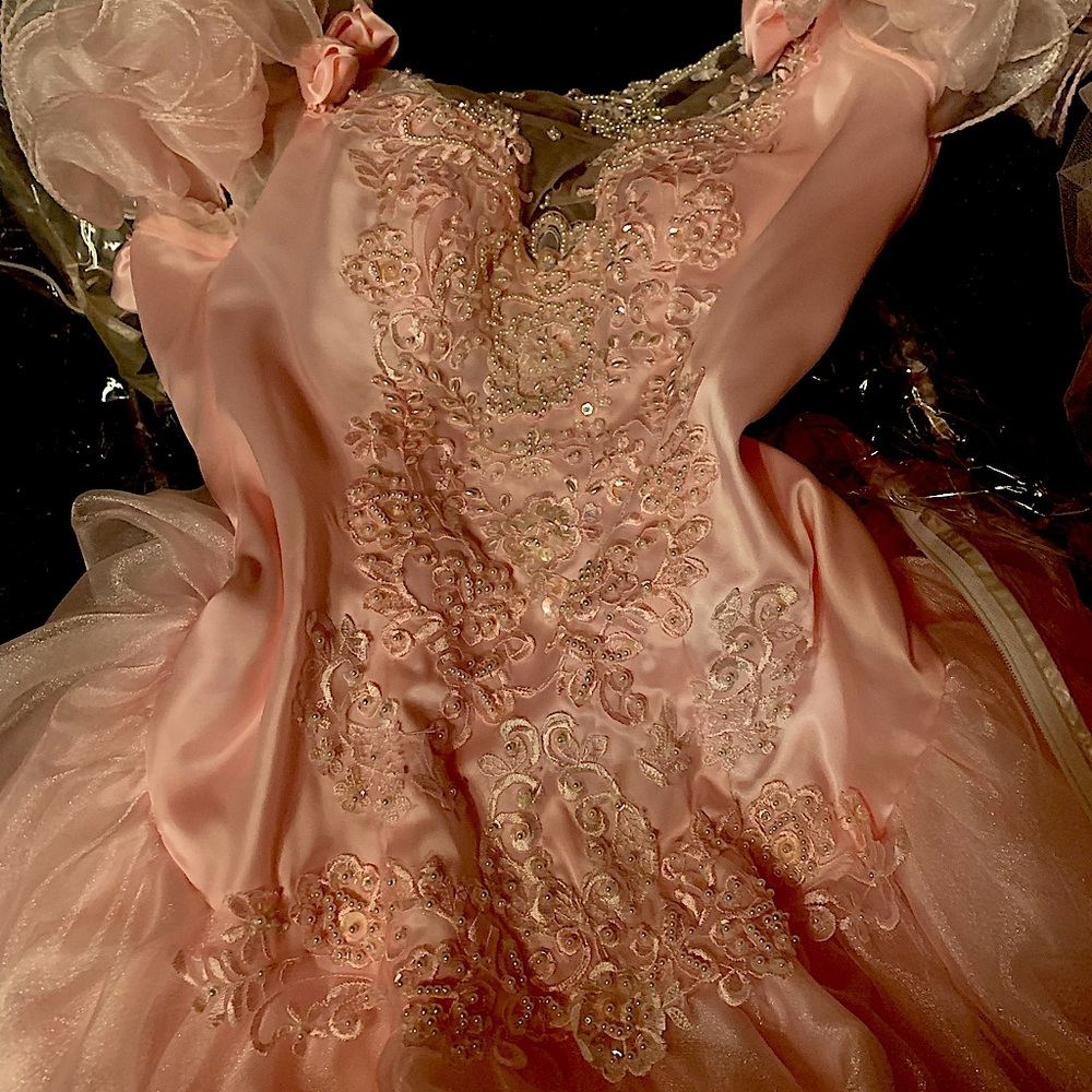 Wedding Dress beautiful pink crystal,beading.Cathedral full skirt,satin flowers.